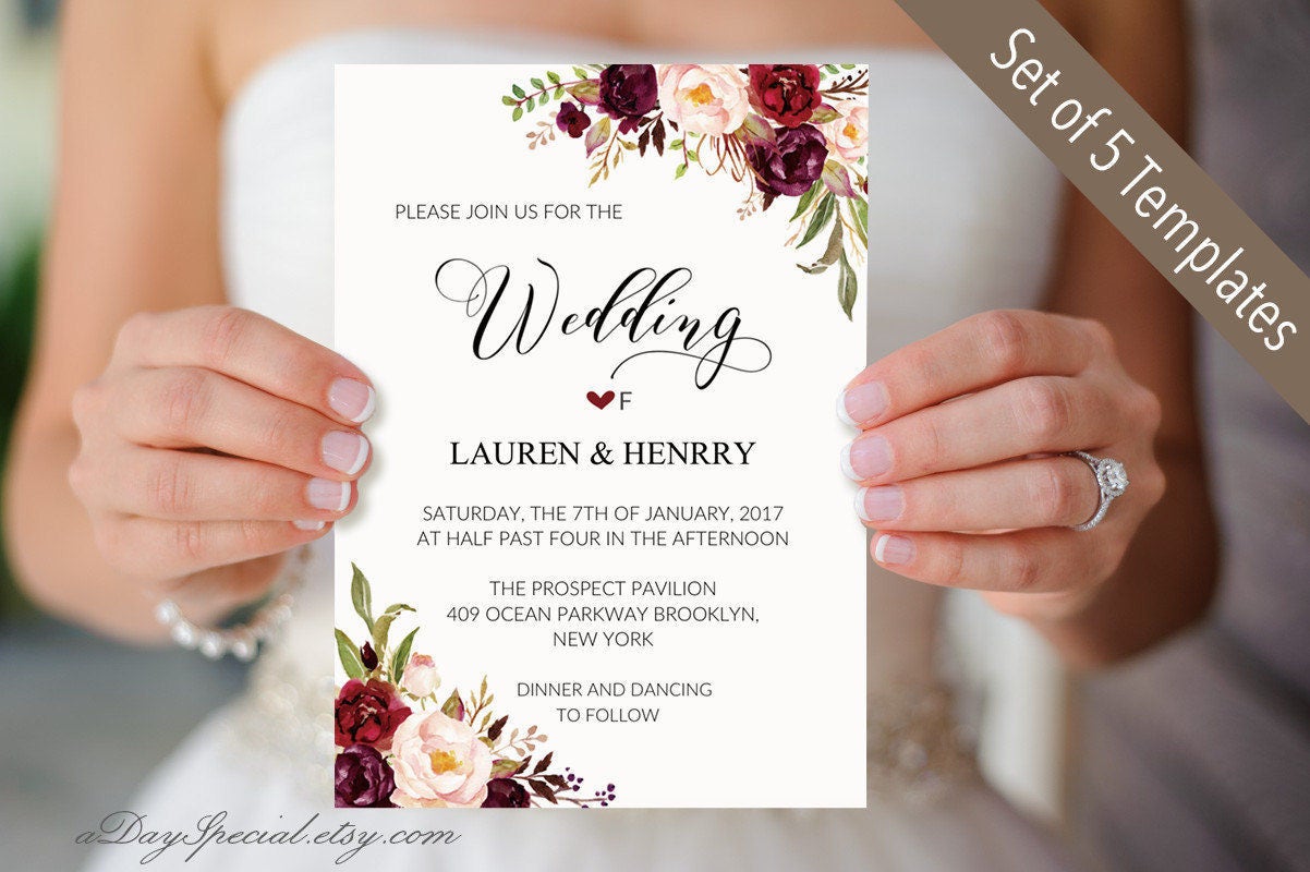 Set of 5 Burgundy Floral Wedding Invitation Templates