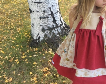 easter boho apron hippie tie girls twirl dress rainbow colorful bird knot strap birthday special occasion red khaki linen straps keepsake