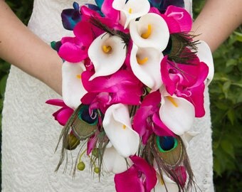 Peacock, Calla and Orchid Teardrop Bouquet ~ Teal Wedding Bouquet ~ Peacock Wedding Flowers ~ Bridal Bouquet ~ Keepsake Wedding Bouquet