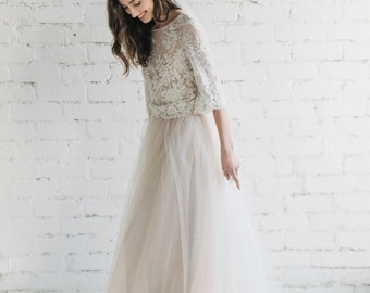 Bohemian Wedding Dress , Two Piece Wedding Dress, Ivory Nude Lace Dress ,Bridal Separates ,Open Back Wedding Dress , Bohemian Bride - PEONY