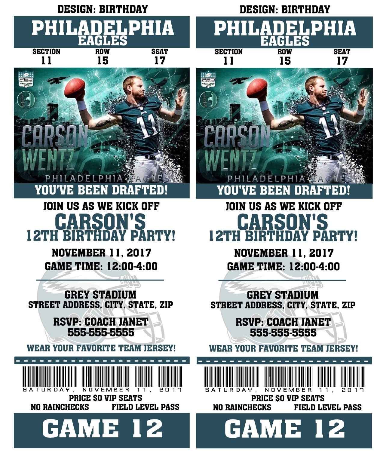 printable birthday party invitation card philadelphia eagles