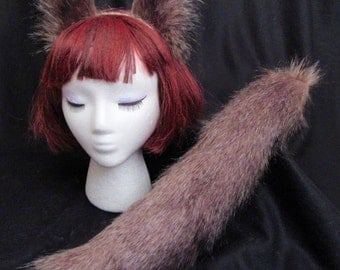 DK. Brown Wolf Fox Ears & Tail/17" Set- Clip or Elastic- Great Dog, Cat, Wolf, Fox, Cosplay/Anime Costume-Soft Fashion Faux Fur