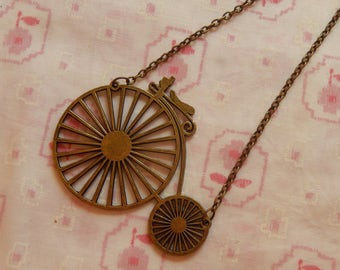 Huge Penny Farthing Bicycle Antique Brass Quirky Pendant Necklace