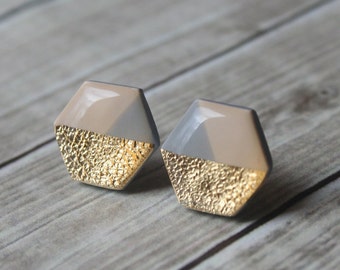 Beige Grey and Gold Hexagon Studs, Geometric Jewelry, Minimalist Statement Earring Studs, Hypoallergenic Titanium Earrings, Modern Jewelry