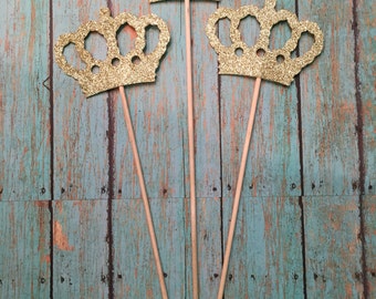Crown Centerpiece Picks, Glitter Crowns on a Stick, Prince Crowns, King Crowns, Centerpiece Sticks, Glitter Crown Centerpiece (Set of 3)