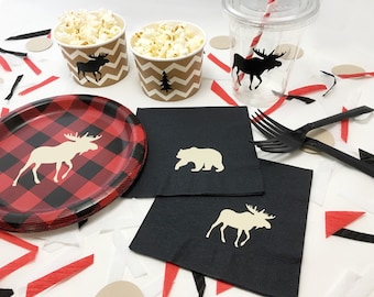 32-Set Lumberjack Baby Shower - Lumberjack First Birthday - Bear Baby Shower - Lumberjack Birthday - Party Plates - Buffalo Plaid - Moose