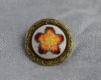 Orange flower brooch Hand embroidery Embroidered jewelry Embroidered flower Cross stitch brooch Gift for her Round brooch Orange brooch