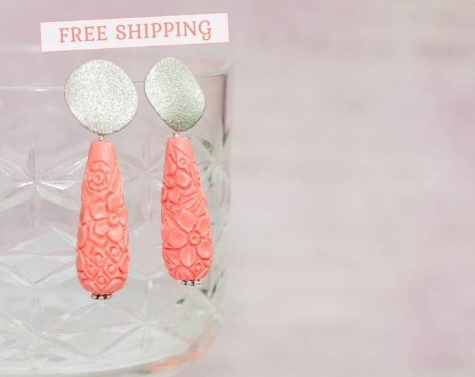 Carved earrings, Pale pink drop earrings, Plastic carved coral earrings, Light pink earrings, Carved coral earrings