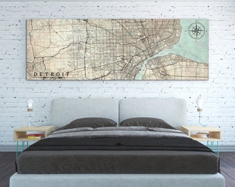 DETROIT MI Canvas Print MI Michigan Vintage map Detroit mi City Horizontal Wall Art Vintage map Panoramic Extra Large Oversized poster map