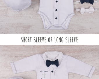 Baptism Boy Outfit, GOD BLESS Personalized Cardigan (Short Sleeve or Long Sleeve), Bodysuit, Hat & Bow Tie White/Navy Set, Baptism Gift