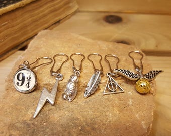 Free Shipping - Harry Potter Inspired Stitch Markers for Knitting and Crocheting set of 6 Unique Markers