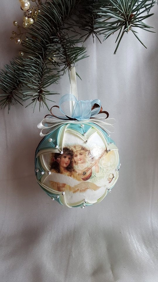 Light blue and cream color baubles/Vintage by AngelsHandmadeCrafts