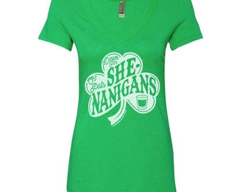 Down for Shenanigans ladies V-neck - St Patty's Day - St Patricks day shirt - Irish Shirt - Clover shirt - Shamrock shirt - irish gifts