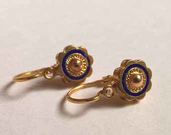 Antique Victorian Pair of 9ct Yellow Gold and Blue Glass Enamel Dormeuse Child Earrings, c.1800s, Crown Mark (French?)