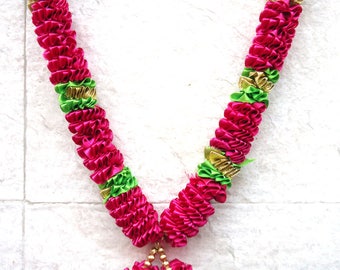 Pink n green ribbon wedding garland, photo or statue garland, idol garland, Indian god idol decoration, puja supply, home decor, prayer mala