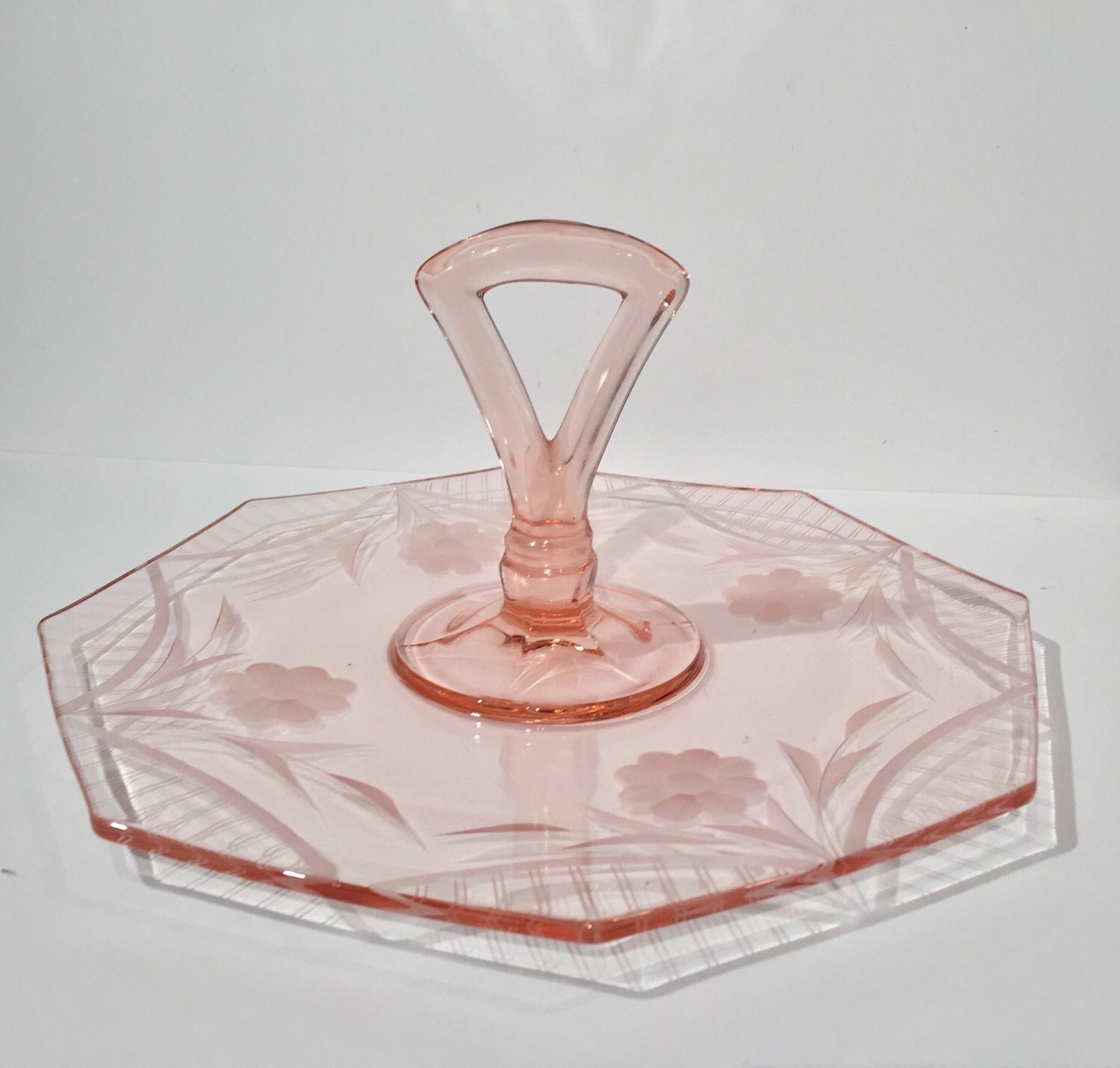 Pink Etched Depression Glass Tidbit Tray Pink Glass Center