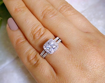 2.1 ct double Square Halo Engagement Ring,Sterling silver ring,Promise Ring,Man Made Diamond Simulant,Bridal Ring,princess cut ring,jewelry