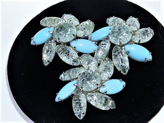 Vintage Rhinestone Brooch Mid Century 1960s Hollywood Blue Milk Glass Cracked Ice Crackled Ice Juliana DeLizza Elster Flower Floral Brooch