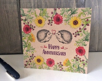 Happy Anniversary Card with Flowers and Hedgehogs, unique illustrated greeting card for wife, girlfriend, square brown kraft card recycled