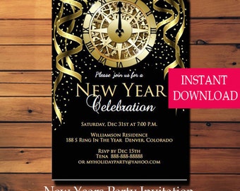 New Years Invitation, New Years Party Invitation, New Years Eve Invitation, Holiday Party Invitation, Holiday Invitation, Gold Glitter Clock