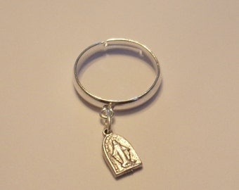Tiny Arched Miraculous Medal Adjustable Ring in SILVER- Adjustable Catholic ring - Size 5 to 7