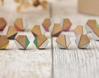 Geometric Pattern Wooden hexagon Lasercut Stud Earrings, Lime, Aqua, Lilac, Red , Purple mininal jewellery, wooden earrings