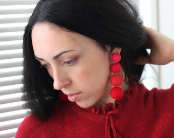Lightweight earrings Long earrings Statement earrings Stud red earrings Big clip on earrings dangle Felt ball earrings gifts for girlfriend