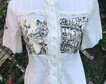 Steampunk Victorian Day of the Dead Shirt Toile Skulls Saloon Lace Upcycled Size Medium
