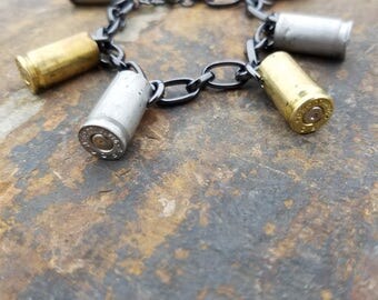 Bullet bracelet, bullet jewelry, bullet casing bracelet, country jewelry, rustic jewelry, 9mm bullet bracelet, dangling gun charm bracelet