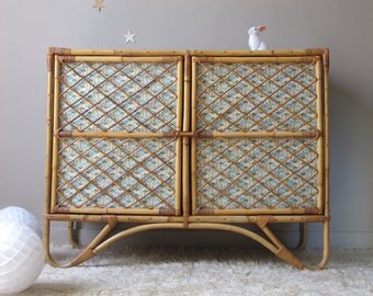 retro Dresser, cupboard low buffet 2 doors, chest of drawers vintage rattan wicker bamboo vintage, furniture storage for child
