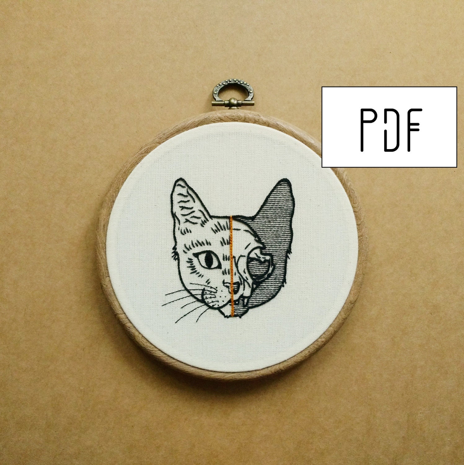 Half Cat Skull Hand Embroidery Pattern PDF modern embroidery