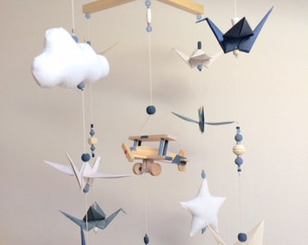 Origami baby mobile wood blue vintage