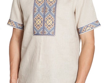 Short sleeves men's linen shirt. Ukrainian vyshyvanka. Men's embroidered shirt. Traditional clothing. In stock.Free Shipping