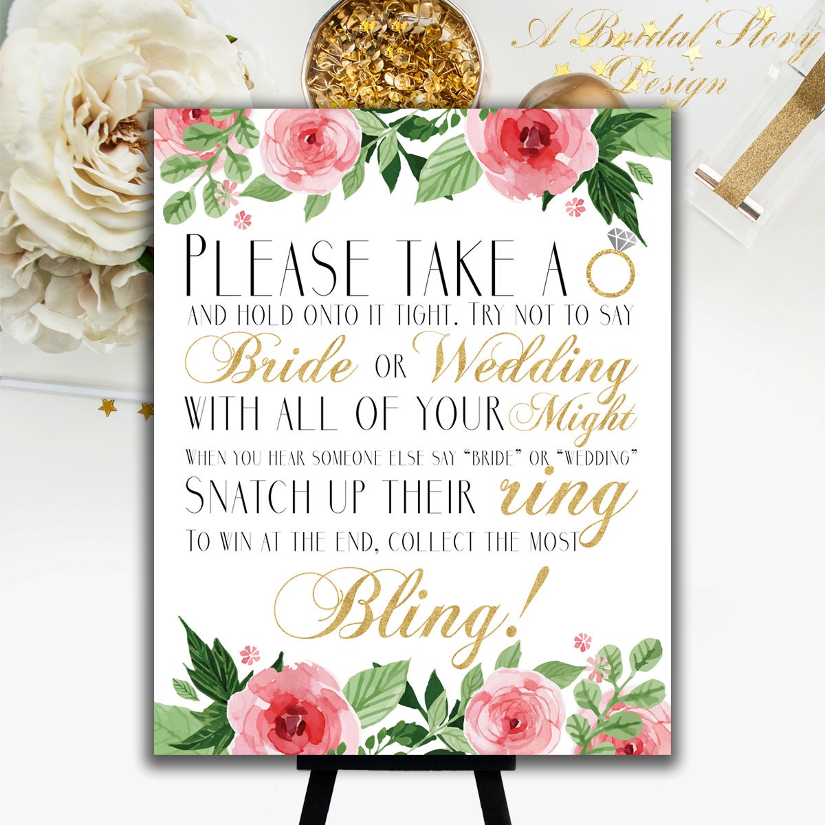 Don't Say Bride or Wedding Floral Pink and Gold by ABridalStory