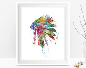 Headdress Art, Native American Indian Headdress Print, Wall Art, Painting Watercolor Print, Wall Hanging Gift idea Digital Download