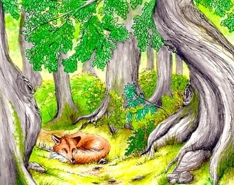 Fox Art, Fox in the Woods Art Print, 5x7 Fox Art Print, Fox Illustration Print, Fox Art, Fox Illustration