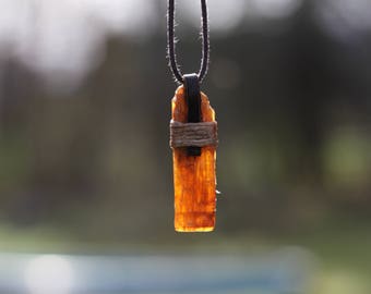 Raw Orange Kyanite Crystal Pendant Wrapped in Leather and Hemp Natural Materials Organic Earthy Kyanite Jewelry Rare Crystal Stone Unique