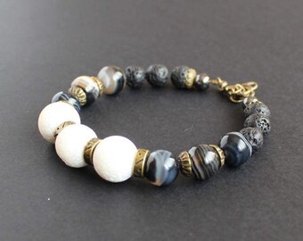 White black gemstone bracelet Agate woman bracelet Black white jewelry White coral bracelet Lava coral bracelet Protection gemstone bracelet