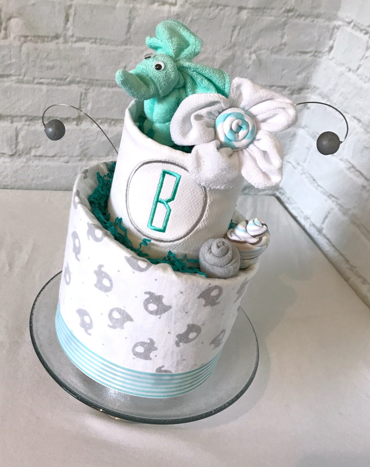 Elephant diaper cake, Elephant baby shower, Monogrammed Diaper Cake, Trunk in love, Gray and Teal baby shower, Personalized baby gift