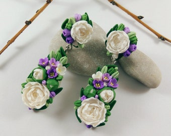 Peony flowers Peony jewelry Long studs Purple earrings Nature jewelry Statement earrings Botanical earrings Elegant earrings Spring earrings
