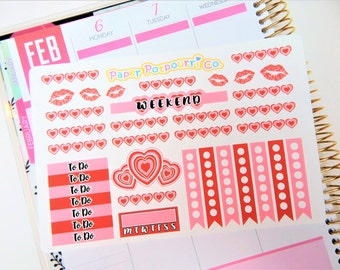 Valentines Mini Deco Kit, Pink and Red Hearts Planner Stickers, For Erin Condren, Happy Planner, Standard Recollections - PaperPotpourriCo