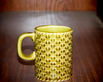 Vintage Olive Green Coffee Mug with Basketweave Texture