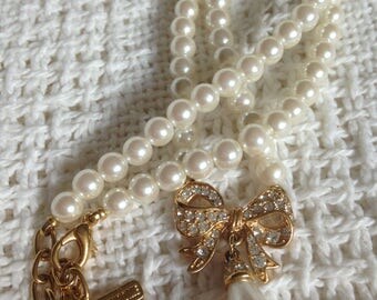 Vintage Vendome Faux Pearl Rhinestone Bow Necklace