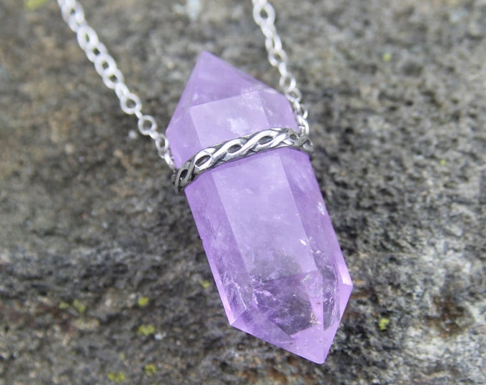 Double Terminated Amethyst Pendant, Double Crystal Point Necklace, Natural Purple Stone, Celtic Infinity Sterling Silver Setting, Viking