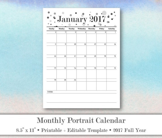 2017 Monthly Calendar Editable Printable Template PDF