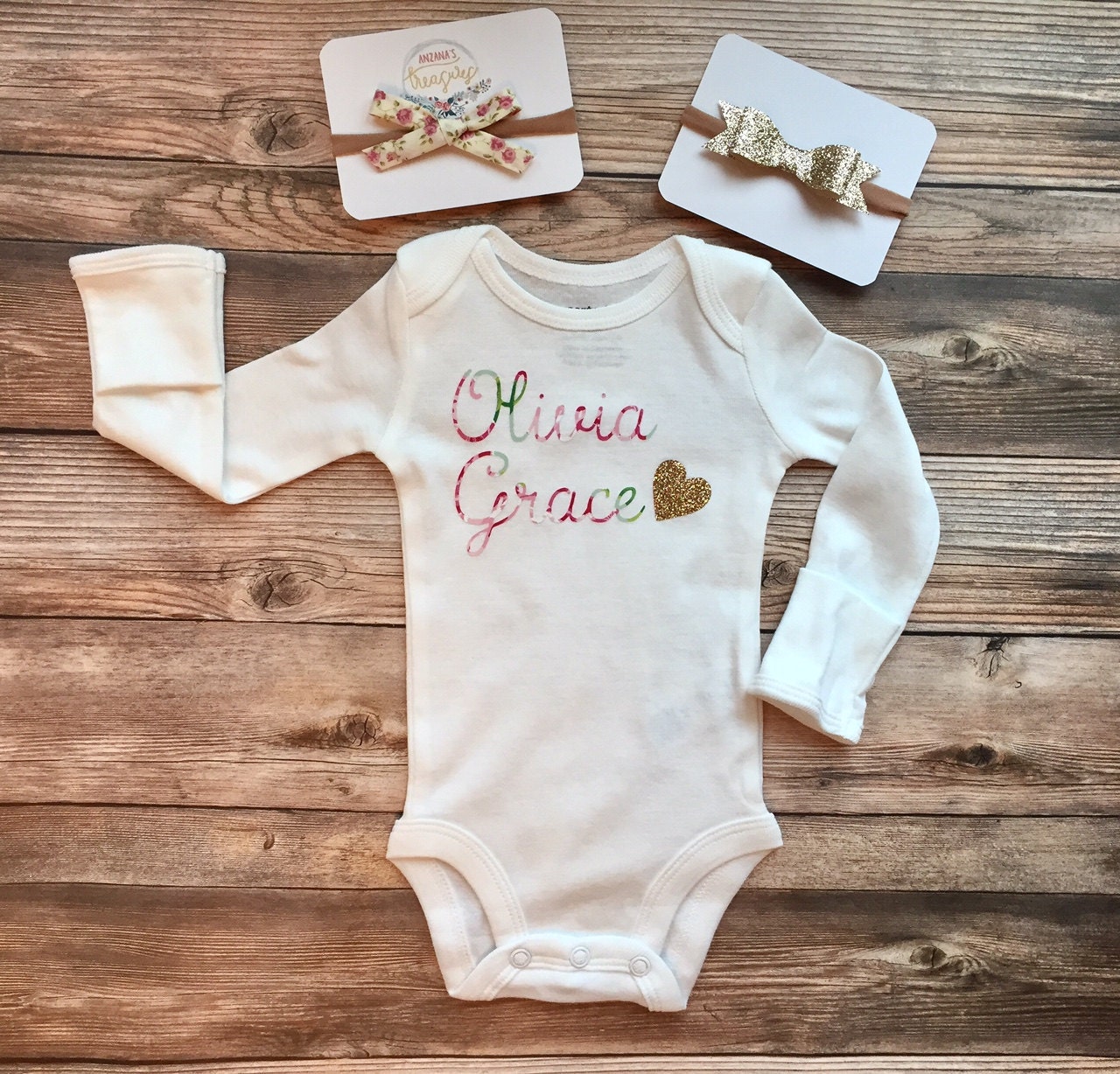 Gold Glitter and Floral Baby Name Onesie Newborn Outfit