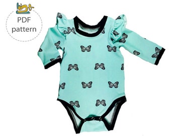 Baby bodysuit pattern, PDF sewing pattern, Baby onesie sewing pattern, Newborn to 3 years, Flutter sleeve onesie sewing pattern