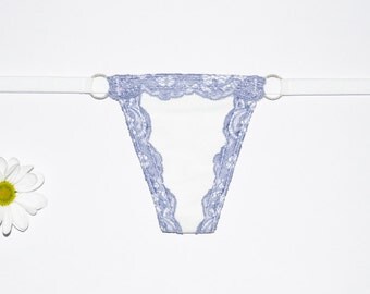 White thong with lilac lace trim and charm