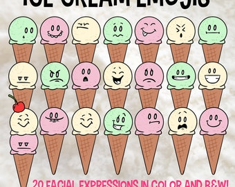 Ice Cream Clip Art, Emoji Clip Art, Facial Expressions, Emotion Clip Art, Summer Clipart, Classroom Download, Happy, Sad, Angry, Confuse