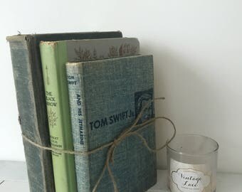 Vintage Book Set, decorative book set, vintage book decor, set of 3, green and blue vintage books, book stack, old books, distressed books